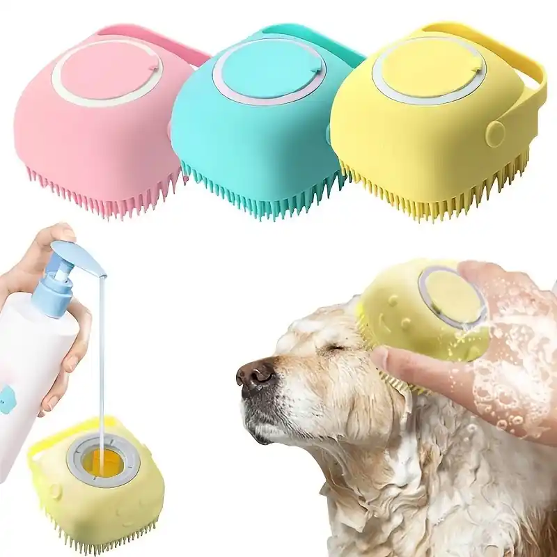 Silicone Pet Brush With Shower Gel Dispenser Massages Cleans Pets