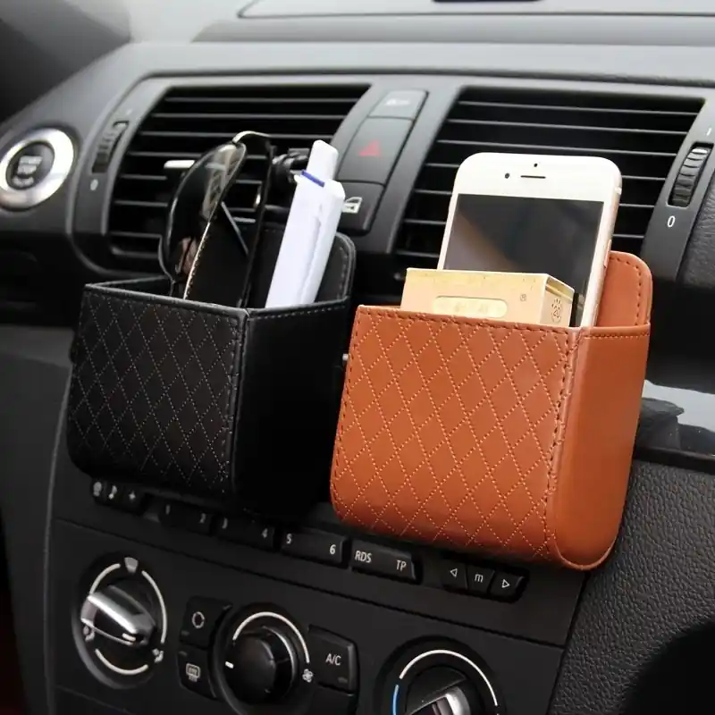 Pu Leather Car Air Vent Mobile Phone Holder Storage Box