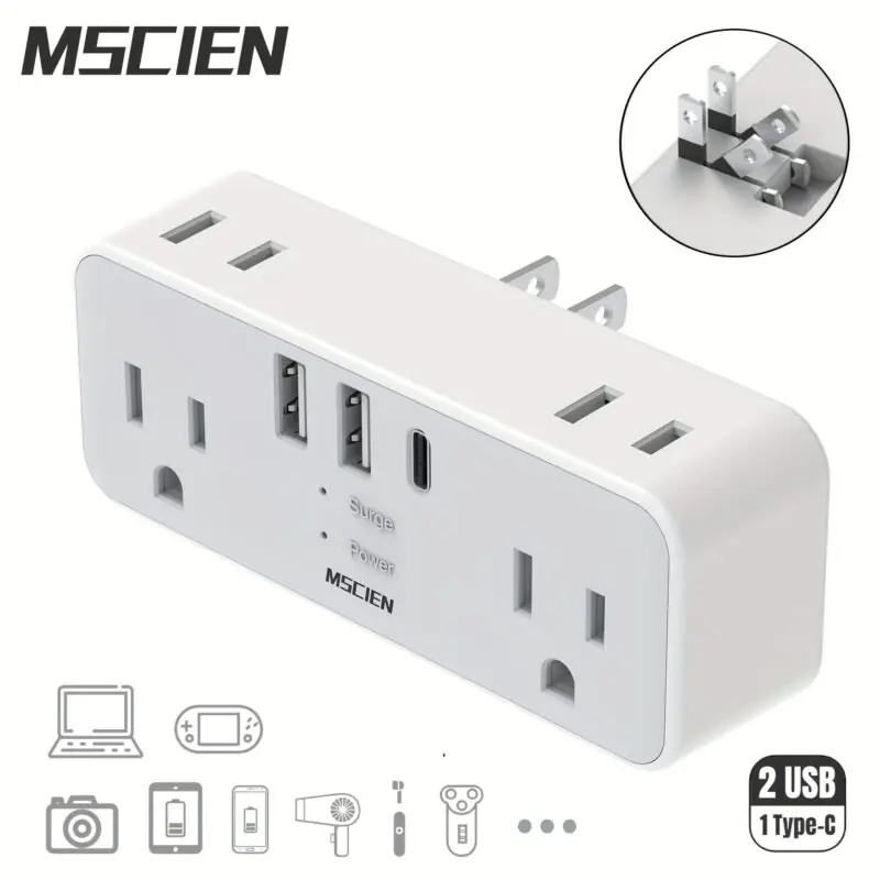 Us Plug Wall Socket 2 Usb 1 Typec Surge Protected