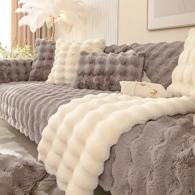 Ultra Soft Imitation Rabbit Plush Sofa Cover Pet Friendly Nonslip