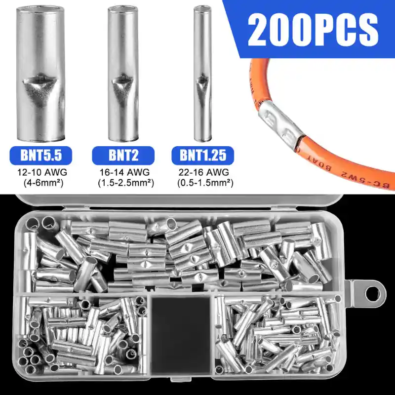 200pcs Uninsulated Butt Wire Connectors Electrical Crimp Ferrules Copper 056mm2 2210awg