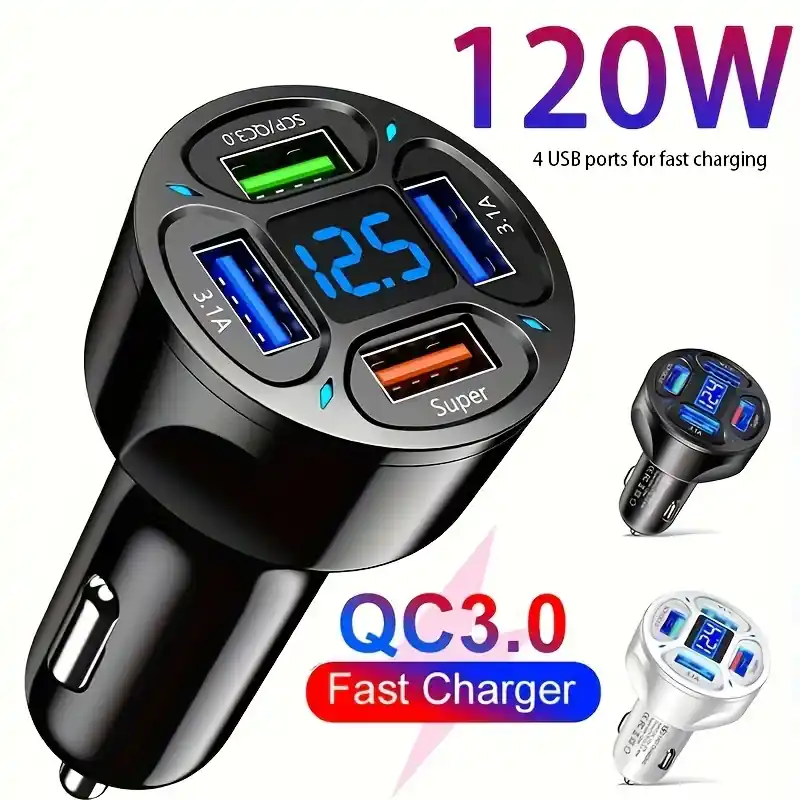Ultrafast 120w Car Charger 4usb Pd Qc30 Digital Display Adapter