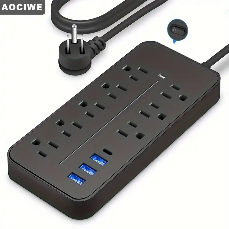 8outlet Surge Protector Power Strip With Usbc Flat Plug Blackwhite
