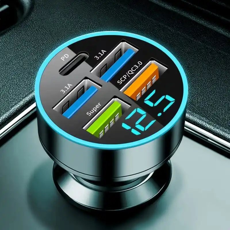 Super Fast 5port Usb Car Charger With Voltage Detection Display