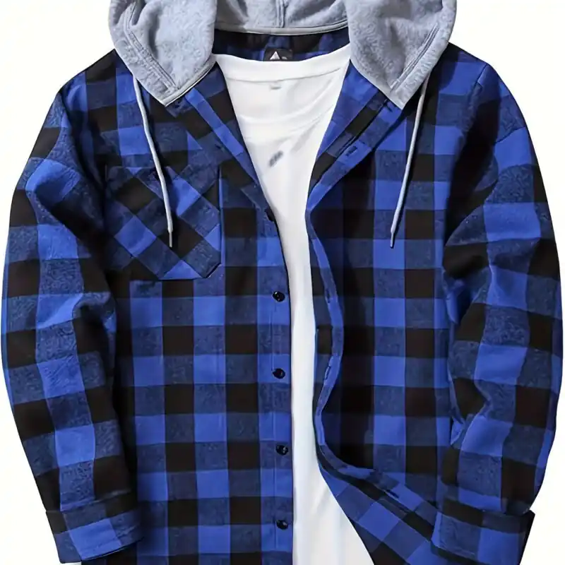 Mens Plaid Hooded Shirt Jacket Casual Fall Winter Outwear