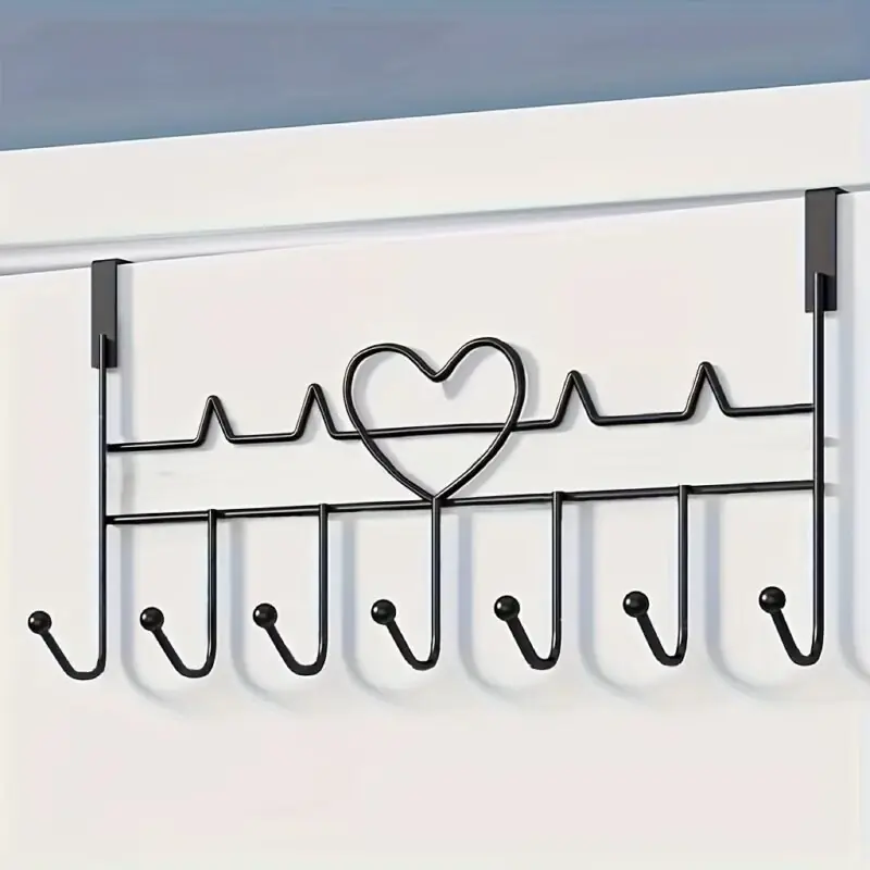 Heartshaped Over Door Hook Rack 7 Hooks Black Coattowel Organizer
