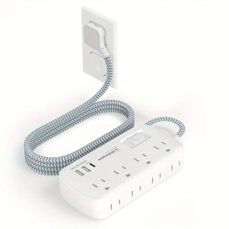 Flat Plug Surge Protector 5 Ft Braided Cord 8 Outlets 3 Usb