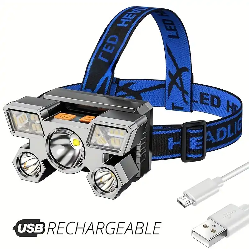 Ultrabright Usb Rechargeable 5led Headlamp 4 Modes Camping Fishing Essential
