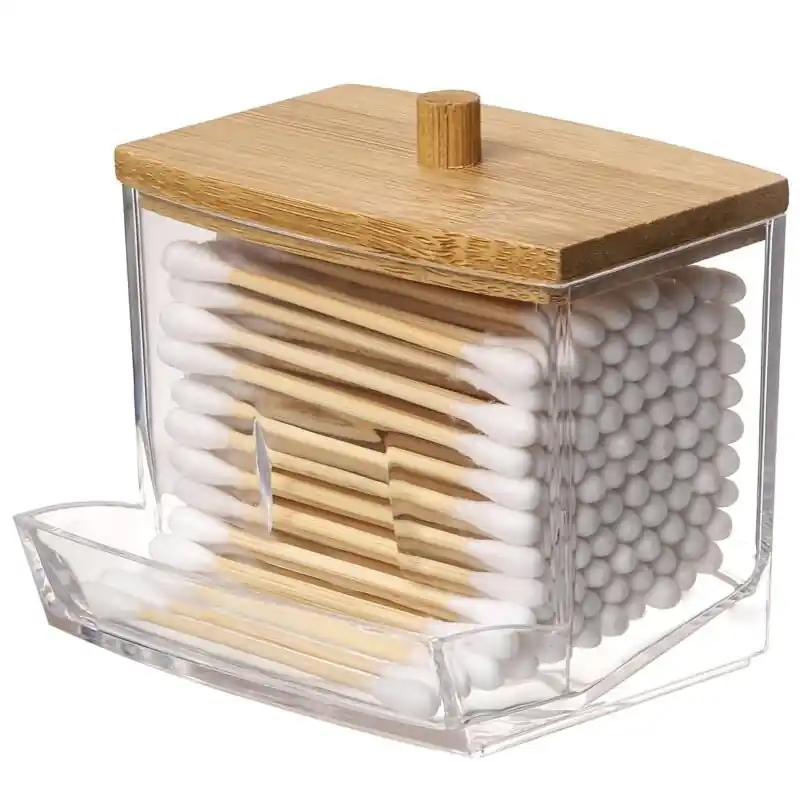 Elegant 7 Oz Cotton Swab Holder With Wood Lid Bathroom Organizer