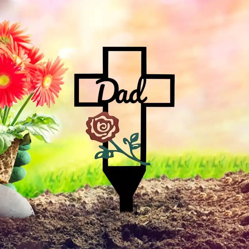 Black Metal Cross Garden Stake Memorial Cemetery Decoration For Loved Ones