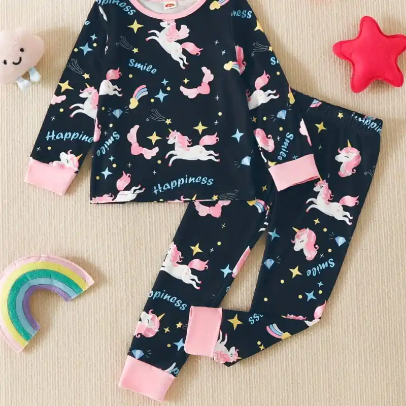 Adorable Durable Unicorn Pajama Sets For Kids Stretchy Crew Neck