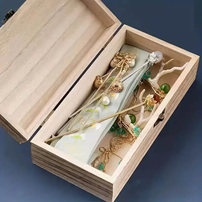 Vintage Paulownia Wood Jewelry Box Rectangular Flip Cover Storage