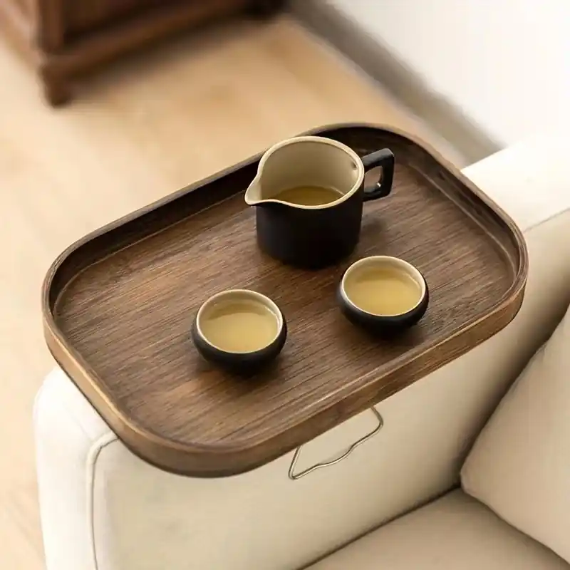 Multipurpose Foldable Bamboo Sofa Arm Tray With Drink Holder
