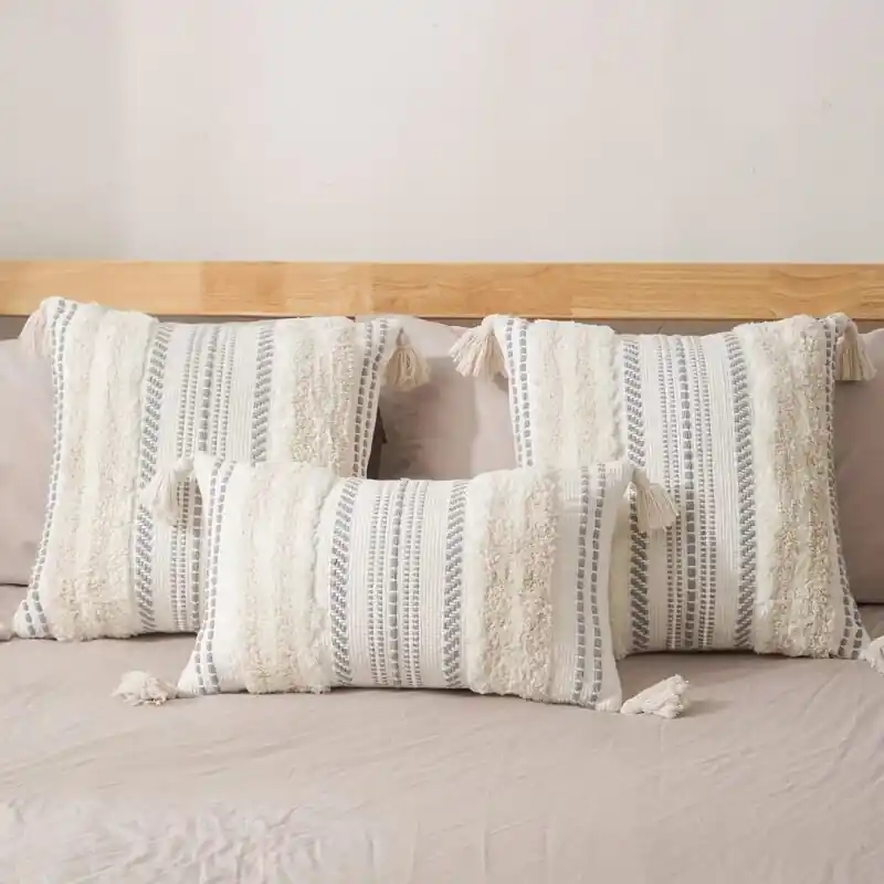 Decorative Boho Tufted Tassel Throw Pillow Covers Beige Cream