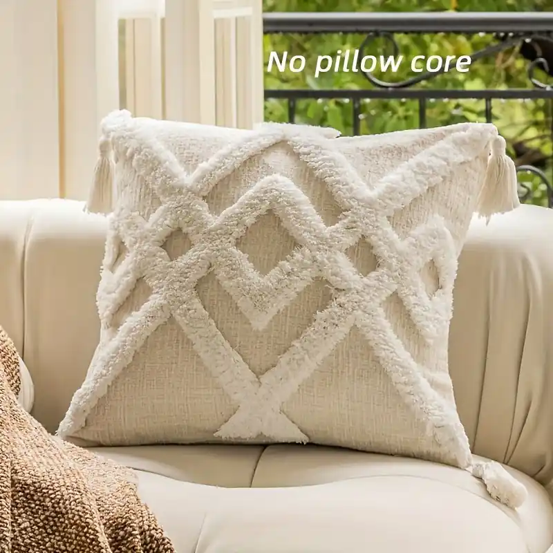 Boho Chenille Pom Pom Lumbar Pillow Cover With Tassels White