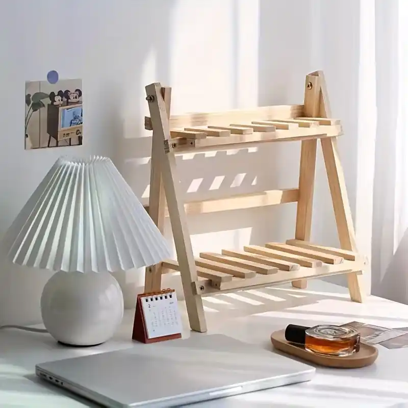 2tier Wooden Desktop Organizer Shelf Stylish Trapezoidal Office Storage Rack