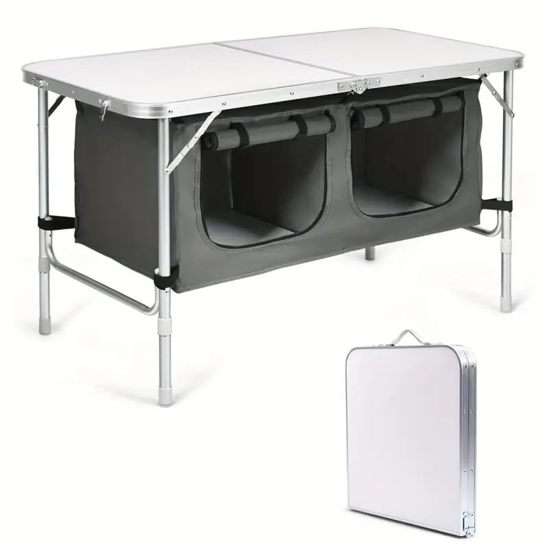Aluminum Folding Camping Table Height Adjustable W Storage Organizer Grey