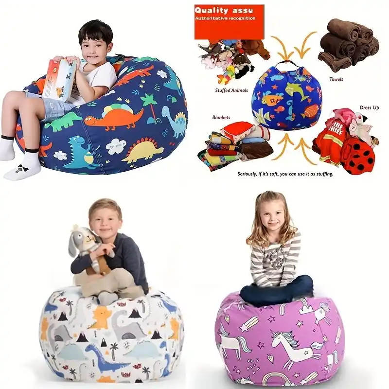 Kids Toy Storage Bean Bag Cute Animal Print Organizer Sofa
