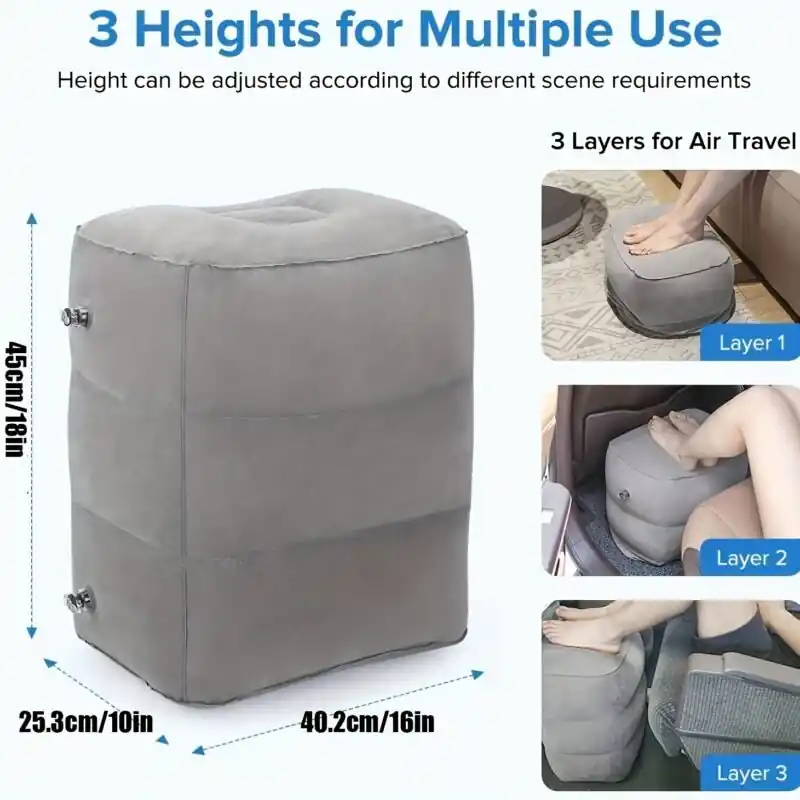 Inflatable Travel Foot Rest Pillow Adjustable Height For Airplanes Cars More