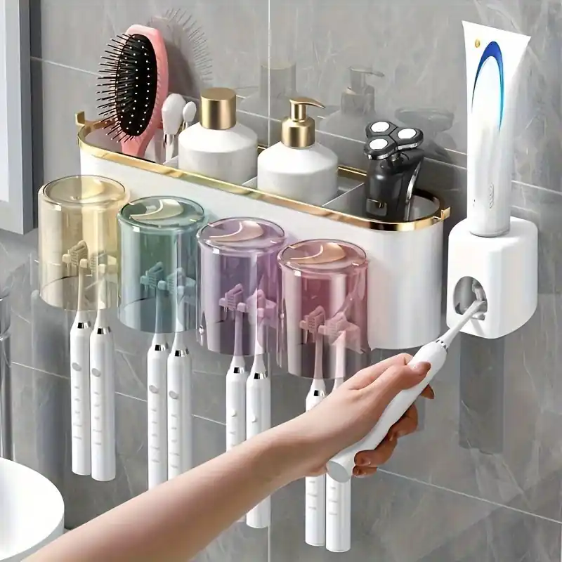 Compact Wallmounted Bathroom Organizer With Hypoallergenic Toothbrush Holder Squeezer