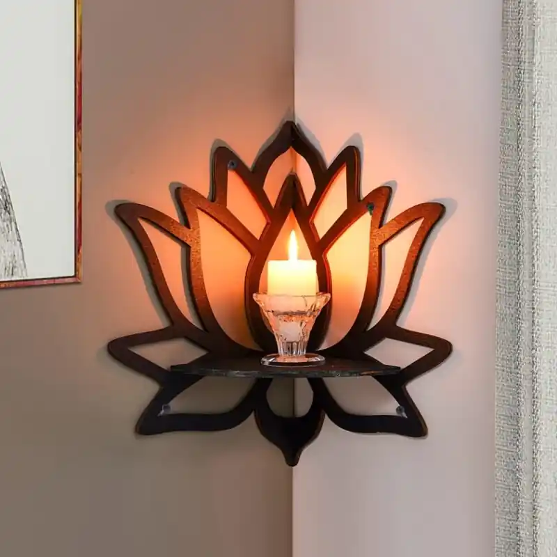 Lotus Shape Floating Wooden Shelf Crystal Plant Candle Display Rack