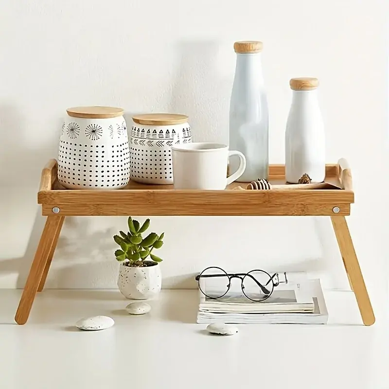 Bamboo Bed Table Tray With Folding Legs Breakfast Laptop Sofa Use