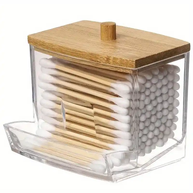 Clear Plastic Cotton Swab Holder With Wooden Lid Makeup Organizer