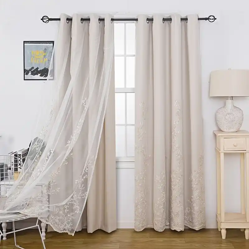 Blackout Doublelayer Tulle Curtain With Rings For Home Privacy Decor