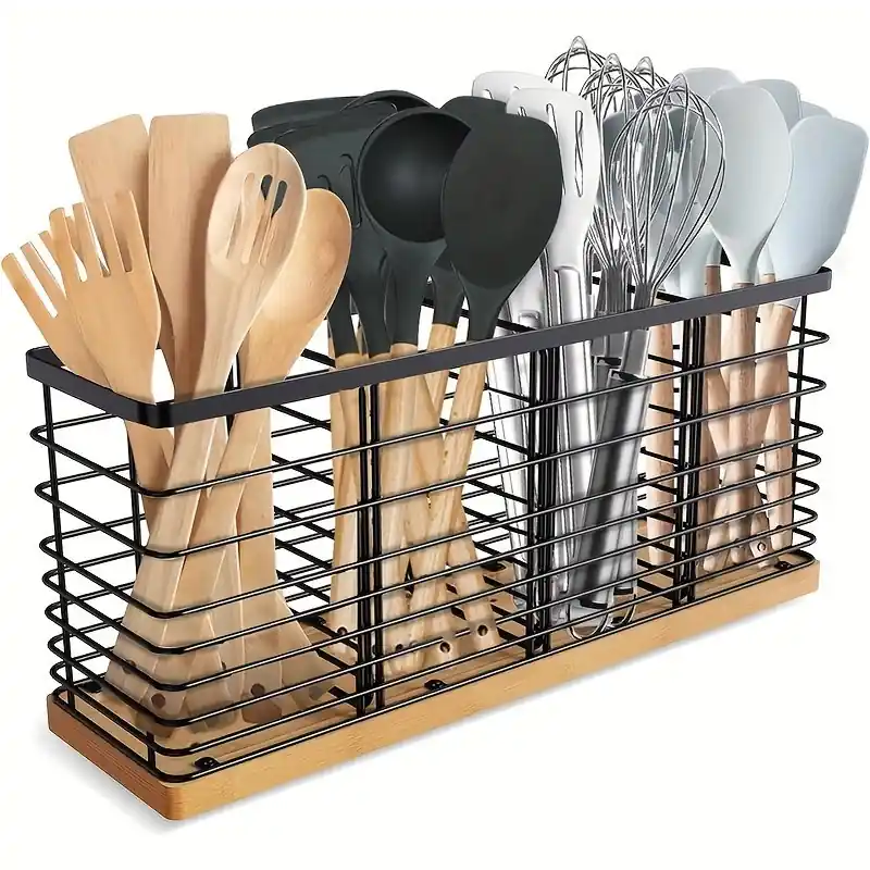 Matte Black Adjustable 4slot Kitchen Utensil Holder With Wooden Base