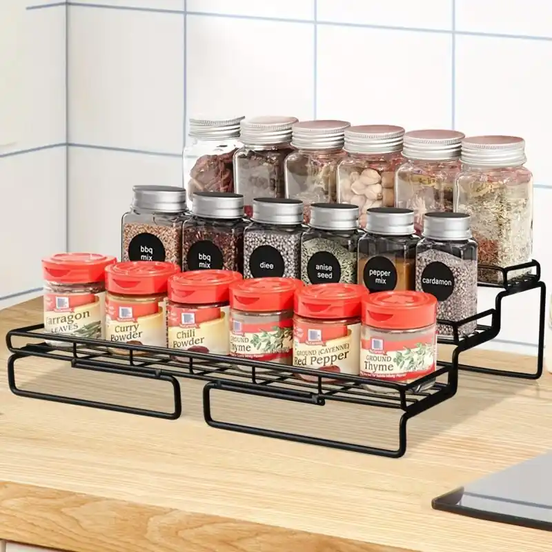 3 Tier Black Metal Spice Rack Organizer With Spices For Kitchen