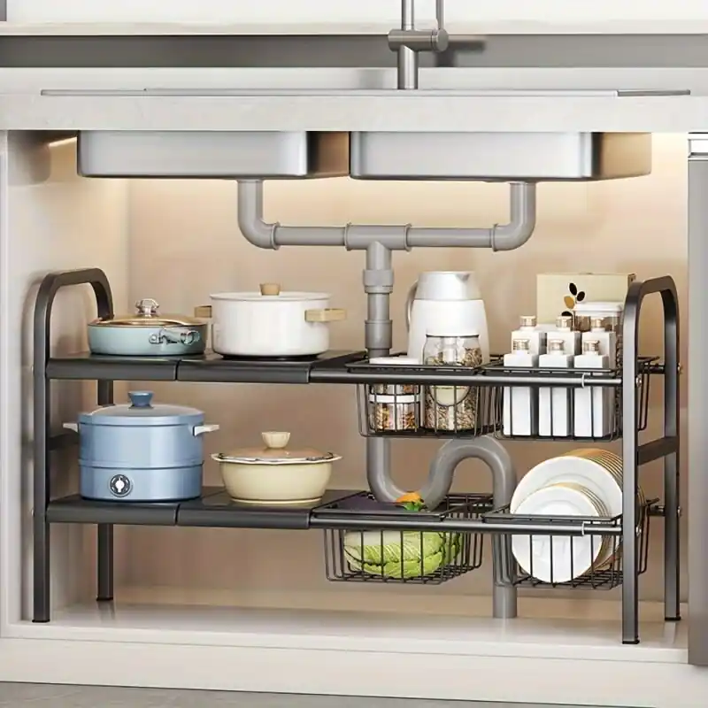Expandable Kitchen Bathroom Storage Rack With Removable Baskets Blackwhite