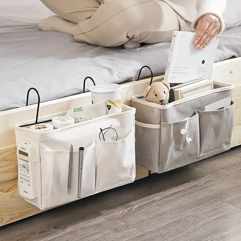 Student Dormitory Bedside Hanging Organizer Cotton Linen Storage Basket