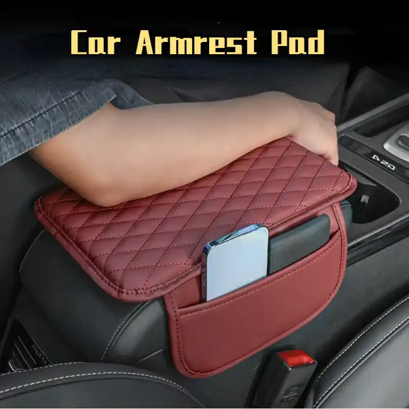 Universal Pu Leather Car Armrest Cushion With Pocket Elbow Support