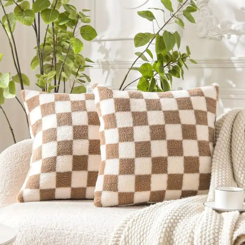 Sherpa Checkerboard Throw Pillow Covers Faux Fur Soft 18×18 Inch