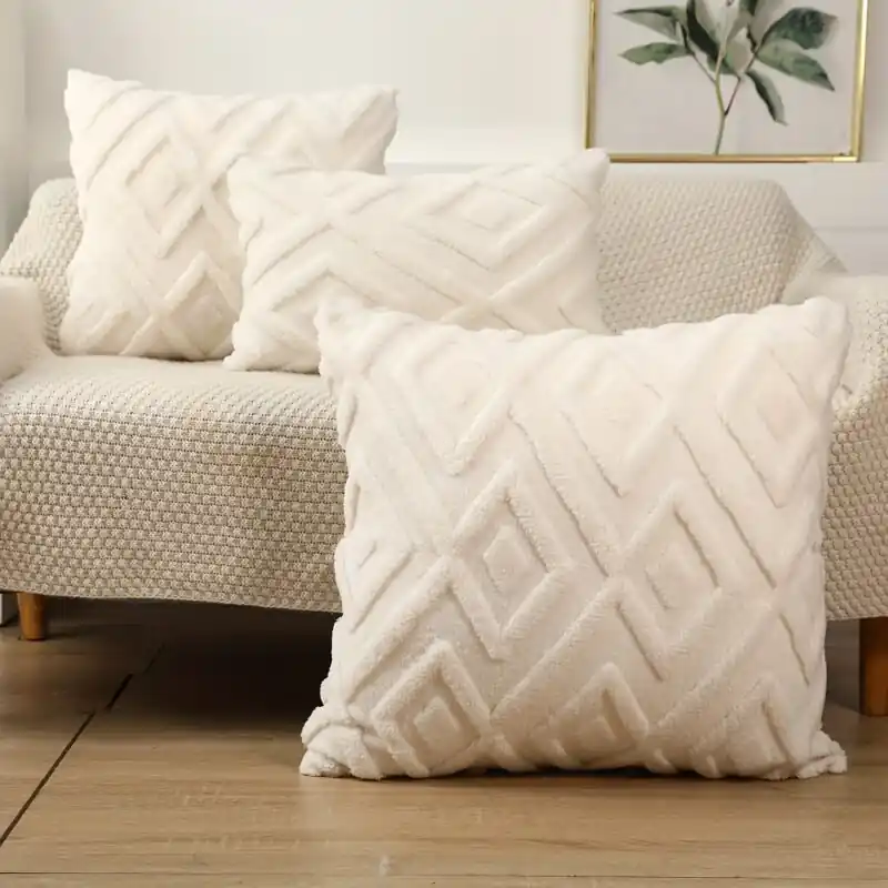 Boho Chic Cream White Faux Fur Velvet Pillow Cover Elegant Decor