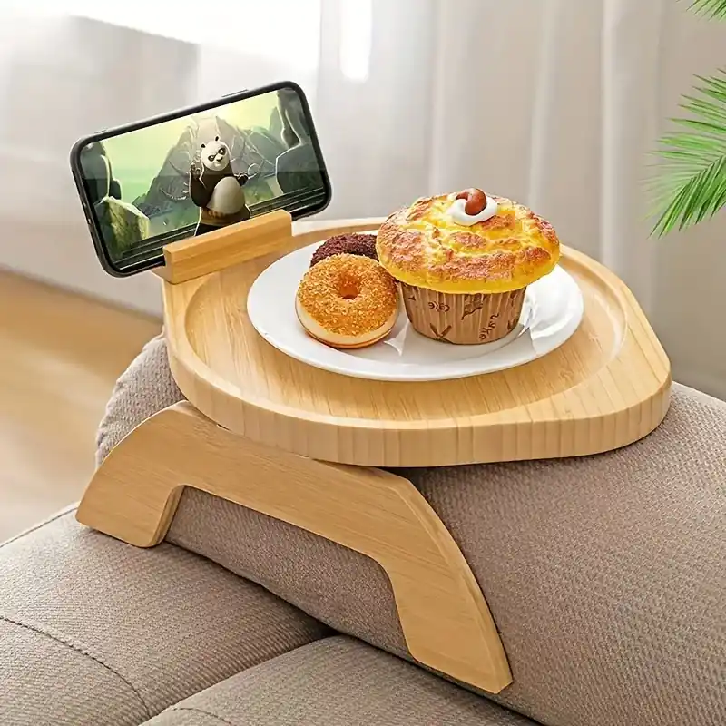 Nonslip Wooden Sofa Tray With Rotating Phone Holder Foldable Table
