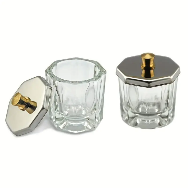 Crystal Glass Nail Art Acrylic Powder Dish With Stainless Steel Lid