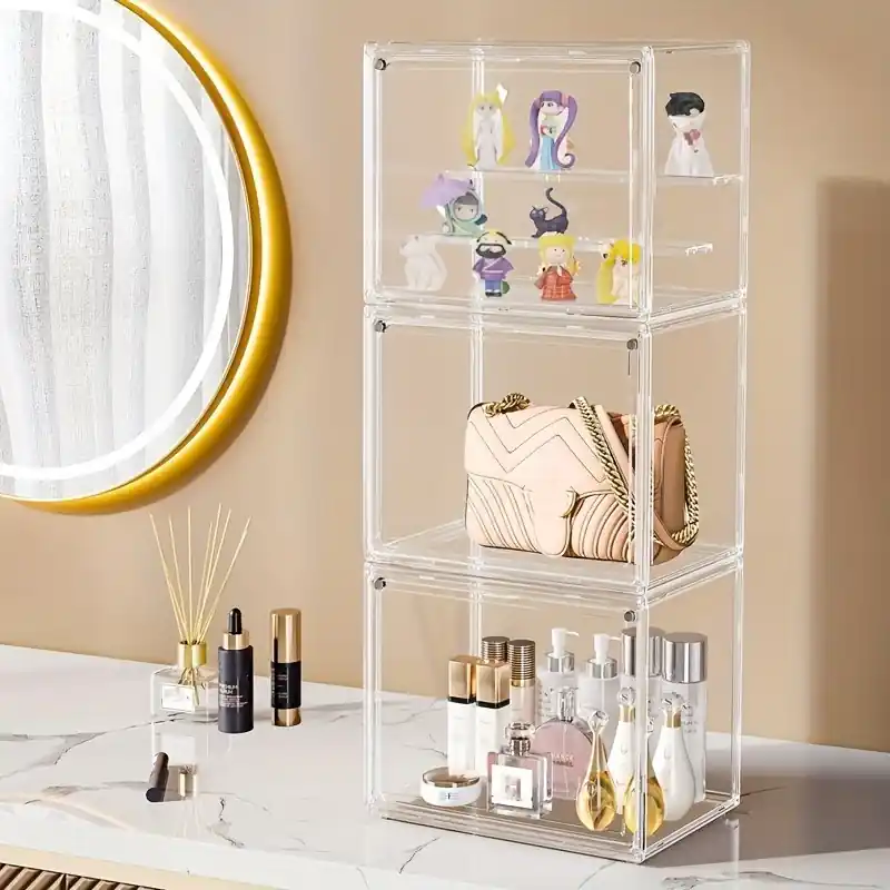 Stackable Transparent Storage Case With Magnetic Door Organize Collectibles Cosmetics