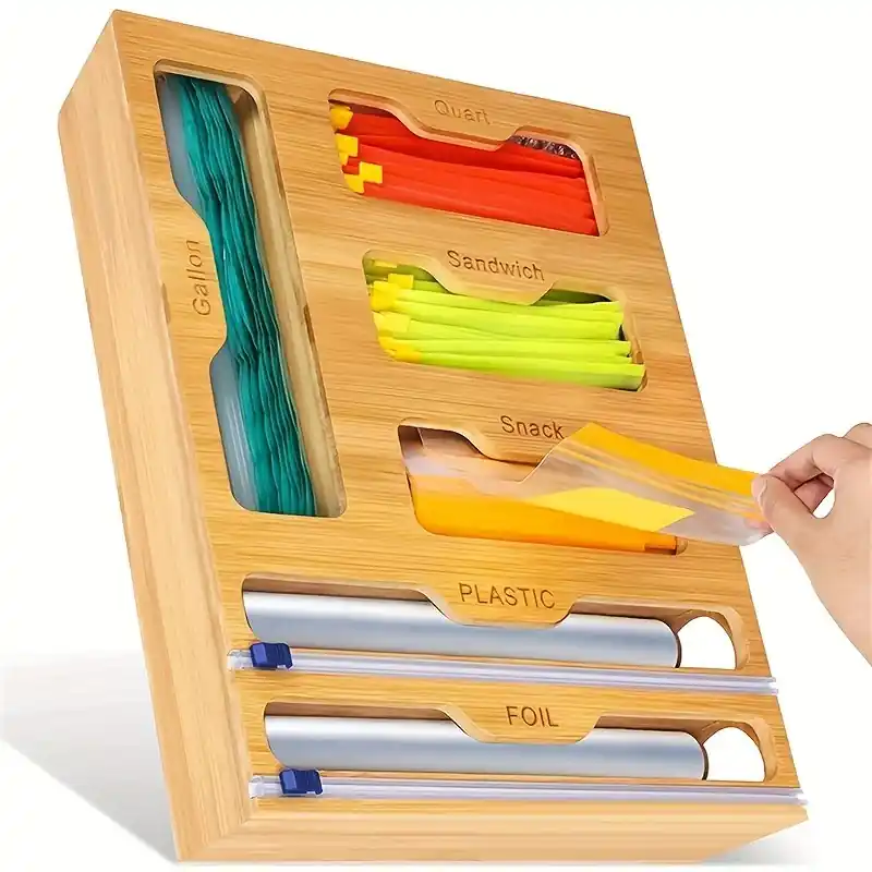 Ecofriendly Bamboo Ziplock Bag Foil Wrap Organizer With Cutter