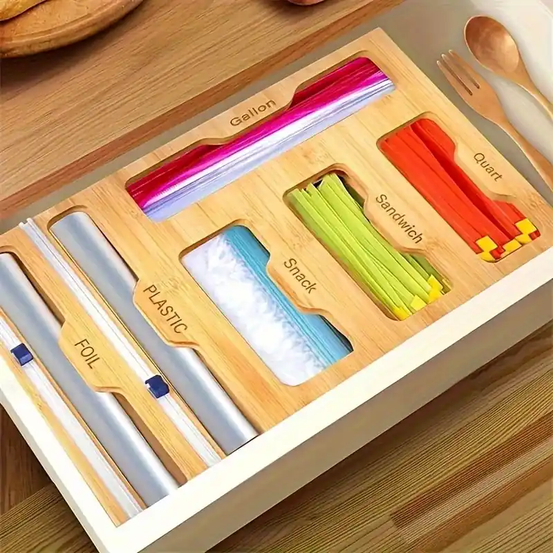 Bamboo Ziplock Bag Foil Wrap Organizer With Cutter For Kitchen