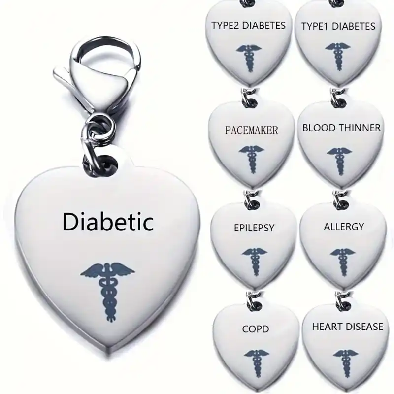 Stainless Steel Heart Medical Alert Keychain For Diabetics Mens Id Gift