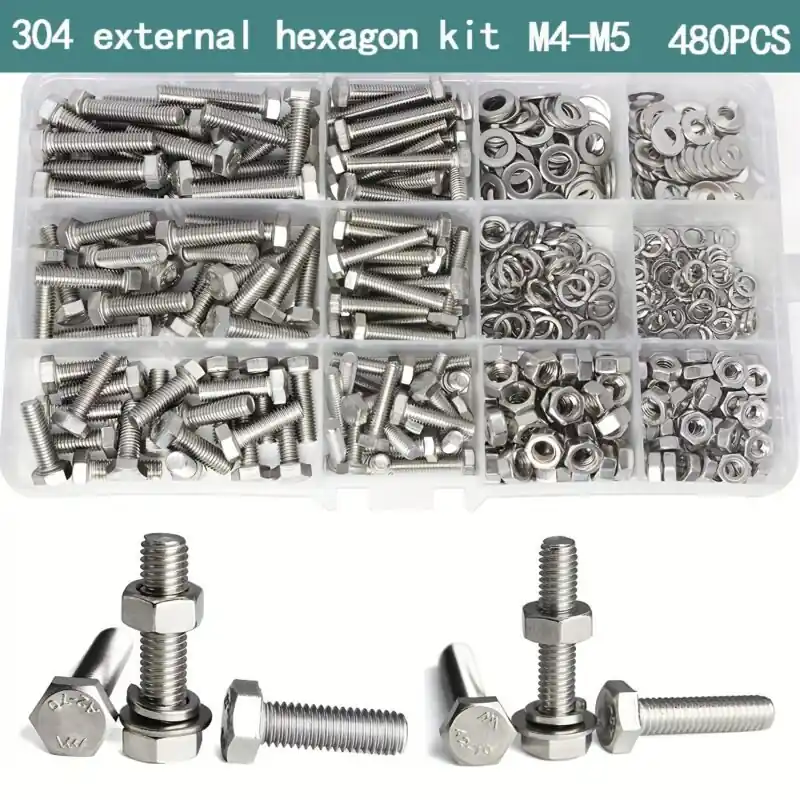 480pcs Stainless Steel Hex Head Bolts Nuts Washers Assortment Kit