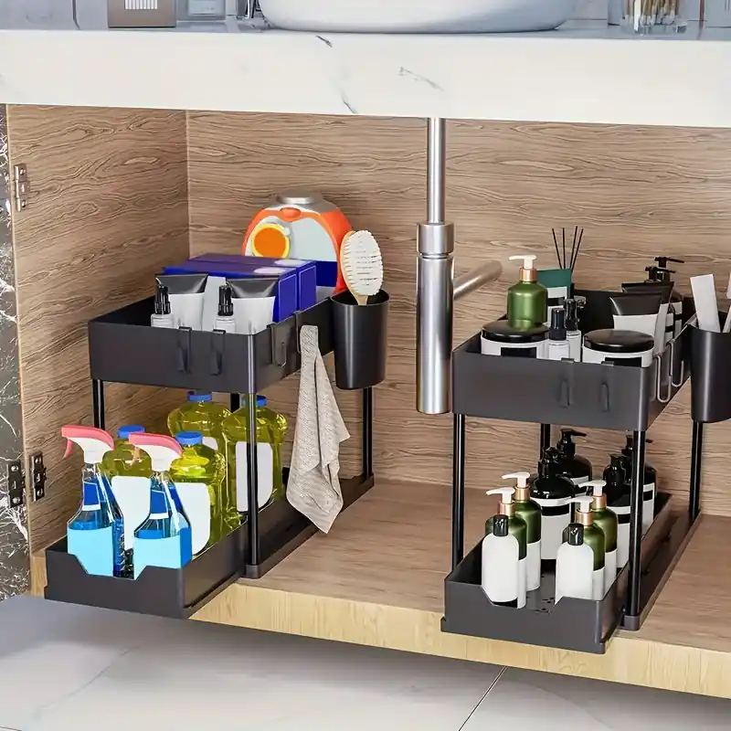 2tier Sliding Under Sink Organizer With Hooks Kitchen Bathroom Storage