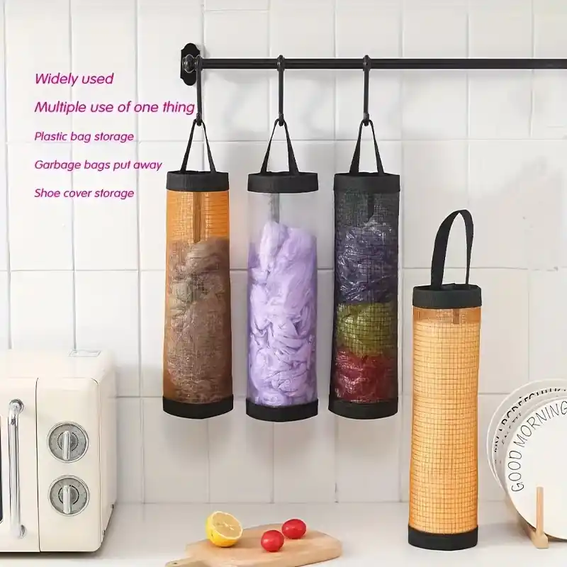 Foldable Mesh Plastic Bag Holder Breathable Washable Kitchen Storage Dispenser