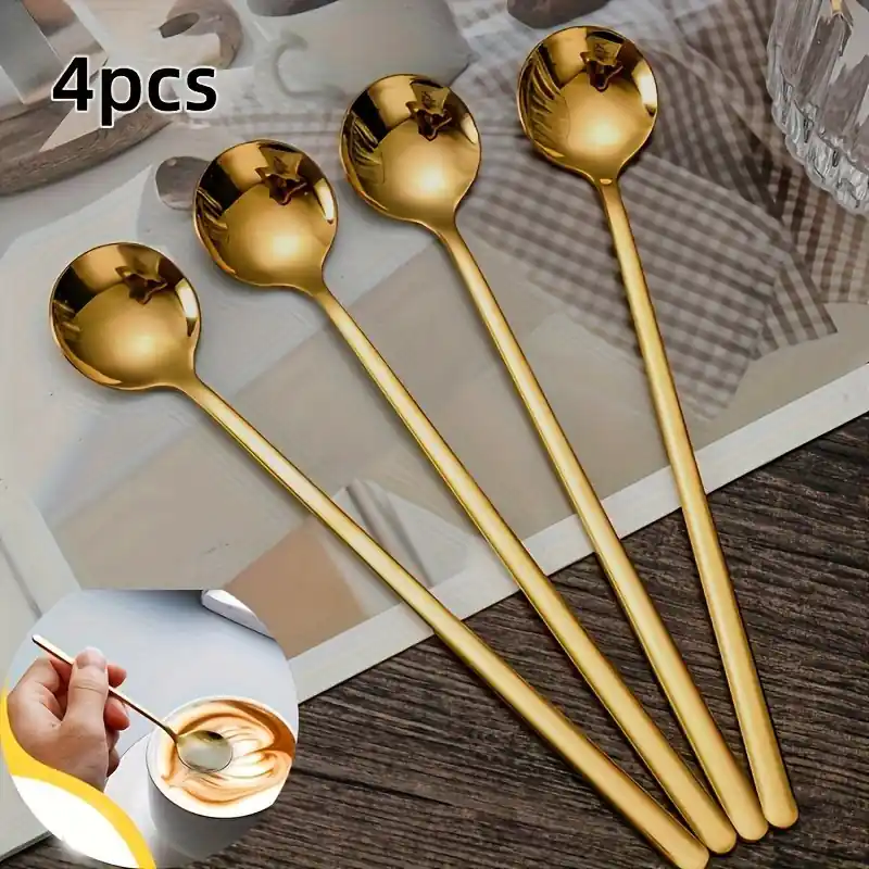 4pc Stainless Steel Beverage Spoons Long Handle For Easy Stirring