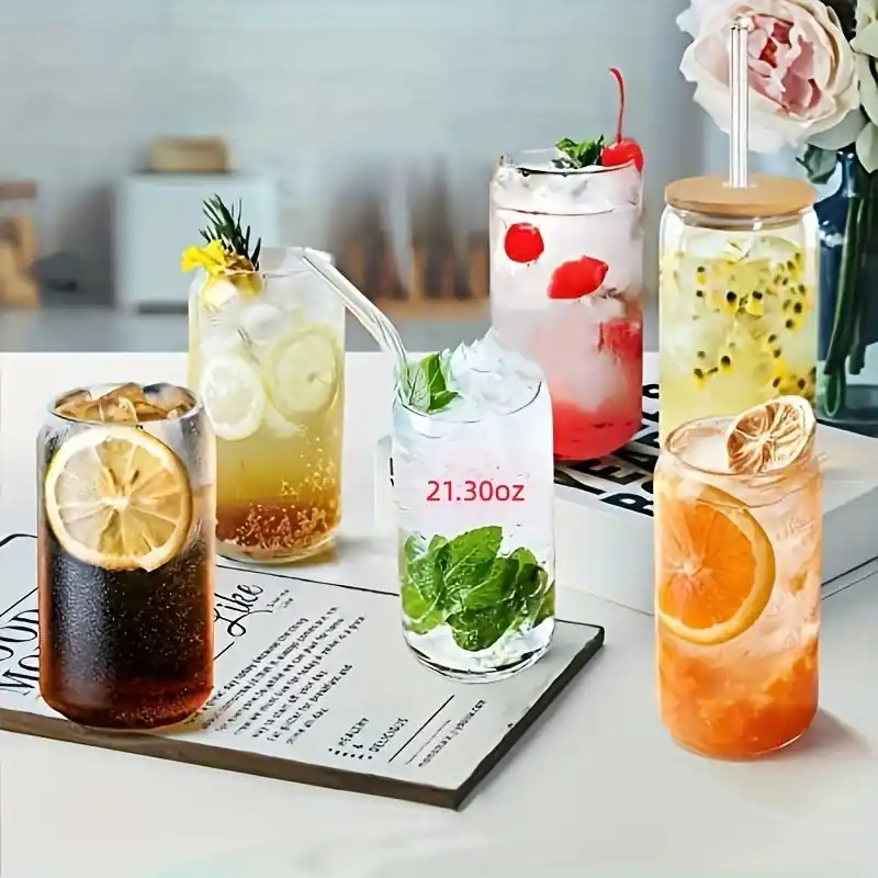4piece Reusable Boba Bottle Set Glass Cup Bamboo Lid Straw Brush