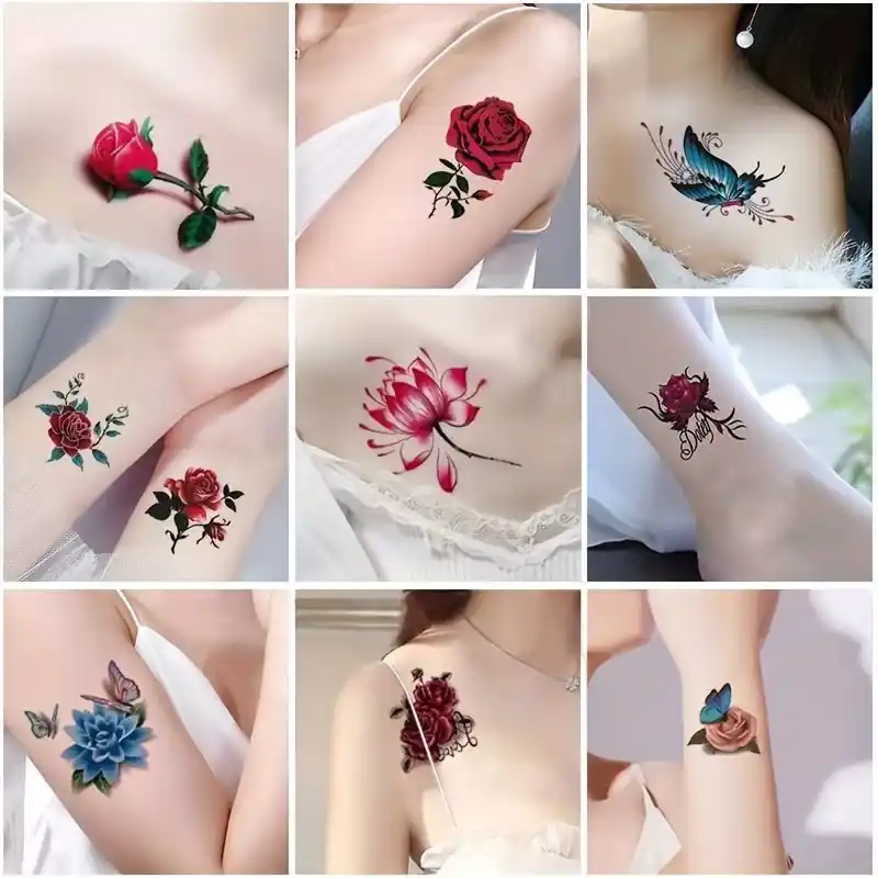 Vibrant Waterproof Temporary Tattoos Butterfly Lotus Rose 30 Pack