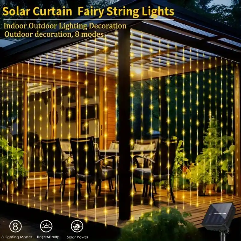 Waterproof Solar Led Curtain String Lights 8 Modes Party Garden Decor
