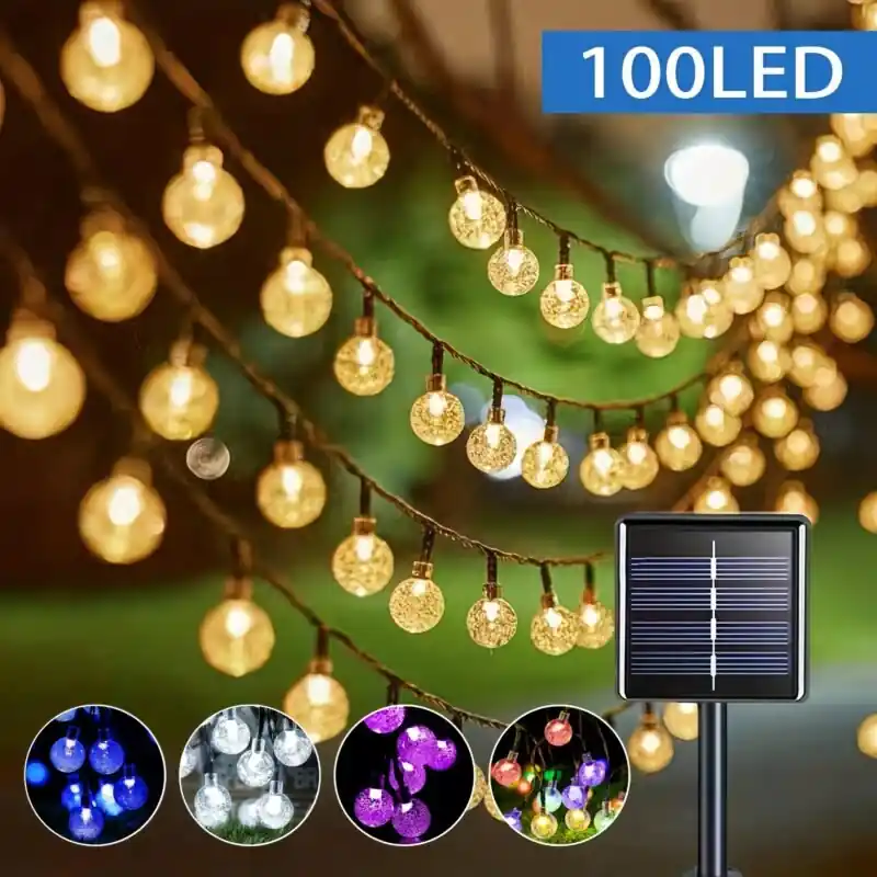 Solar Powered Led Crystal Globe String Lights Outdoor Waterproof 8 Modes Warm White