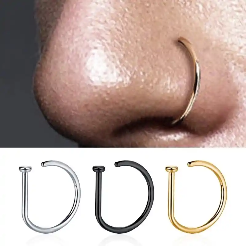 Mens Stainless Steel Nonpiercing Nose Rings Punk Style Fake Piercings
